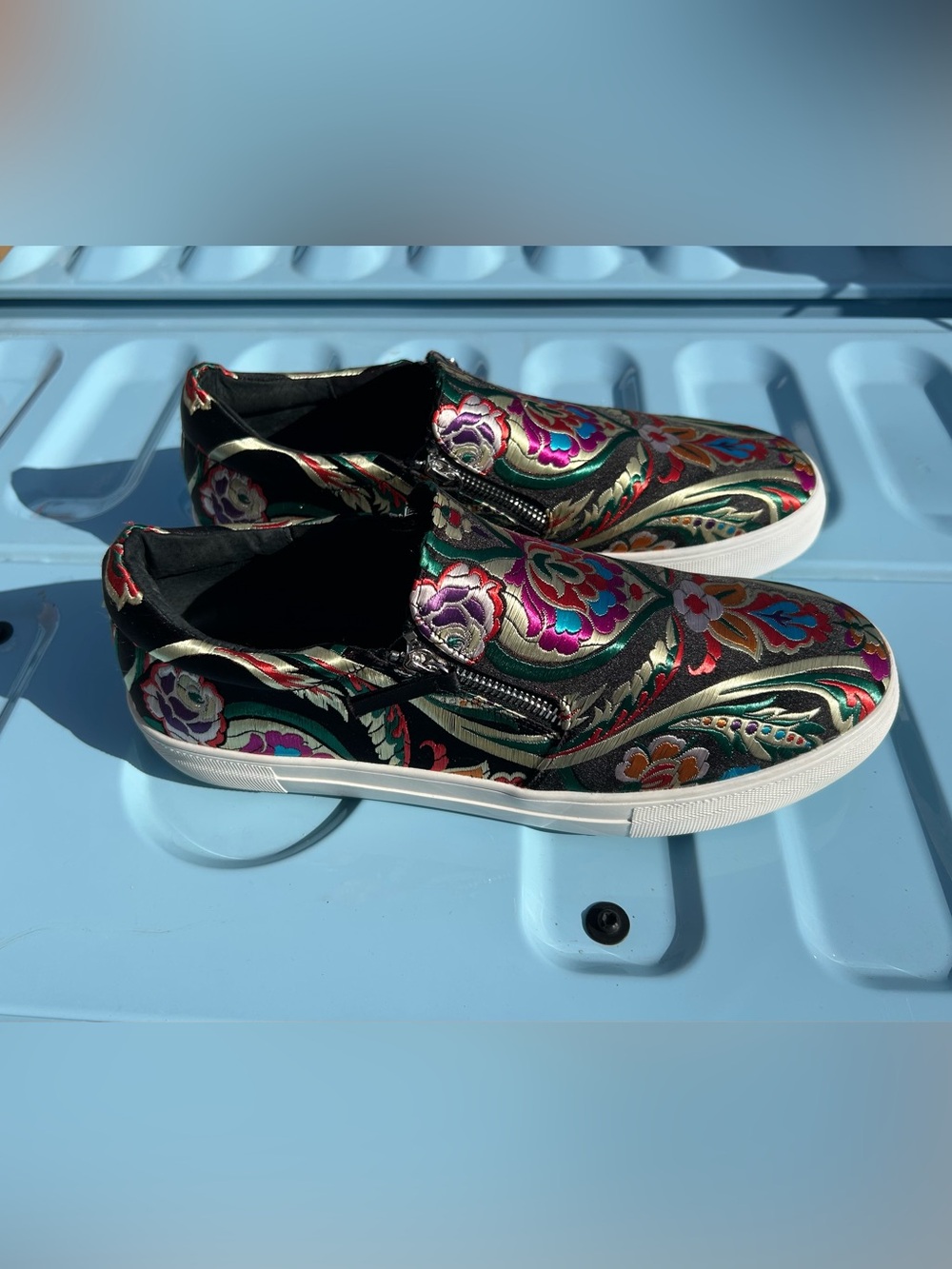 Steve Madden Black Slip-On Sneakers with Multicolor Floral Embroidery